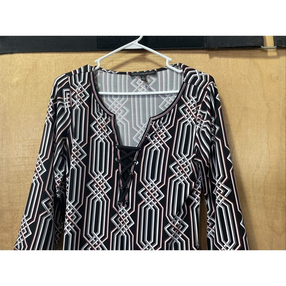 White House Black Market Tunic Top Dress Womens M Geometric Print 3/4 Sleeve